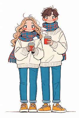 JPG 전신 커플 여자 남자 겨울 데이트 일러스트 사랑 서기 미소 들기 성인 두명 목도리 수증기 스웨터 커플티 음료수컵 성인만 국내일러스트 AI일러스트 AI콘텐츠 잡화 계절 감정 상의 관계 모션 표정 사람 컵 커플룩 파일형식