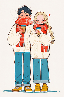 JPG 전신 커플 여자 남자 겨울 데이트 일러스트 사랑 서기 미소 들기 성인 두명 목도리 하트 수증기 스웨터 커플티 음료수컵 성인만 국내일러스트 AI일러스트 AI콘텐츠 모양 잡화 계절 감정 상의 관계 모션 표정 사람 컵 커플룩 파일형식