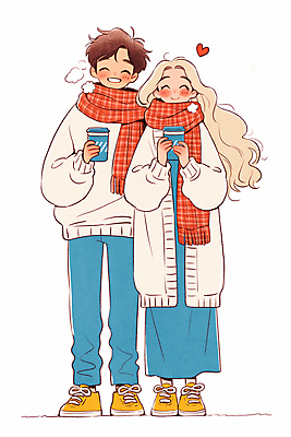 JPG 전신 커플 여자 남자 겨울 데이트 일러스트 사랑 서기 미소 들기 성인 두명 목도리 하트 수증기 스웨터 커플티 음료수컵 성인만 국내일러스트 AI일러스트 AI콘텐츠 모양 잡화 계절 감정 상의 관계 모션 표정 사람 컵 커플룩 파일형식