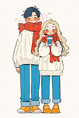 JPG 전신 커플 여자 남자 겨울 데이트 일러스트 사랑 서기 미소 들기 성인 두명 목도리 수증기 스웨터 커플티 음료수컵 성인만 국내일러스트 AI일러스트 AI콘텐츠 잡화 계절 감정 상의 관계 모션 표정 사람 컵 커플룩 파일형식