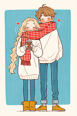 JPG 전신 커플 여자 남자 겨울 데이트 일러스트 사랑 서기 미소 들기 성인 두명 파란색 목도리 하트 스웨터 커플티 음료수컵 성인만 국내일러스트 AI일러스트 AI콘텐츠 모양 잡화 계절 감정 컬러 상의 관계 모션 표정 사람 컵 커플룩 파일형식