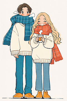 JPG 전신 커플 응시 여자 남자 겨울 데이트 일러스트 사랑 서기 미소 들기 성인 두명 목도리 수증기 스웨터 커플티 음료수컵 성인만 국내일러스트 AI일러스트 AI콘텐츠 시선 잡화 계절 감정 상의 관계 모션 표정 사람 컵 커플룩 파일형식