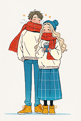 JPG 전신 커플 응시 여자 남자 겨울 데이트 일러스트 털모자 사랑 서기 미소 들기 성인 두명 목도리 수증기 스웨터 커플티 주머니손 음료수컵 성인만 국내일러스트 AI일러스트 AI콘텐츠 모자_잡화 시선 잡화 계절 감정 상의 관계 모션 표정 사람 컵 커플룩 파일형식