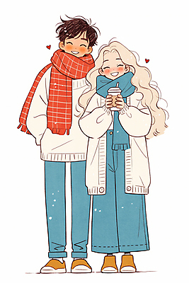 JPG 전신 커플 여자 남자 겨울 데이트 일러스트 사랑 서기 미소 들기 성인 두명 목도리 하트 스웨터 뒷짐 커플티 음료수컵 성인만 국내일러스트 AI일러스트 AI콘텐츠 모양 잡화 계절 감정 상의 관계 모션 표정 사람 컵 커플룩 파일형식