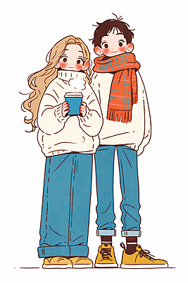 JPG 전신 커플 여자 남자 겨울 데이트 일러스트 사랑 서기 미소 들기 성인 두명 목도리 스웨터 커플티 음료수컵 성인만 국내일러스트 AI일러스트 AI콘텐츠 잡화 계절 감정 상의 관계 모션 표정 사람 컵 커플룩 파일형식