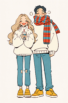 JPG 전신 커플 여자 남자 겨울 데이트 일러스트 사랑 서기 미소 들기 성인 두명 목도리 수증기 스웨터 커플티 음료수컵 성인만 국내일러스트 AI일러스트 AI콘텐츠 잡화 계절 감정 상의 관계 모션 표정 사람 컵 커플룩 파일형식