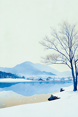 JPG 나무 호수 하늘색 겨울 일러스트 자연 하늘 산 풍경 사람없음 반사 설원 눈내림 국내일러스트 AI일러스트 AI콘텐츠 식물 계절 눈_날씨 파란색 생태계 파일형식