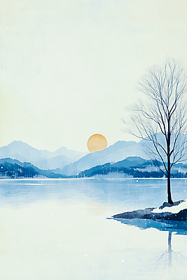 JPG 나무 호수 하늘색 겨울 일러스트 자연 하늘 산 풍경 사람없음 태양 국내일러스트 AI일러스트 AI콘텐츠 자연요소 식물 계절 파란색 생태계 파일형식