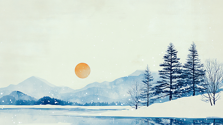 JPG 나무 호수 하늘색 겨울 일러스트 자연 하늘 산 풍경 사람없음 태양 설원 눈내림 국내일러스트 AI일러스트 AI콘텐츠 자연요소 식물 계절 눈_날씨 파란색 생태계 파일형식