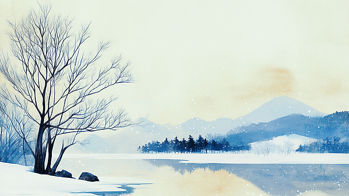 JPG 나무 호수 하늘색 겨울 일러스트 자연 하늘 산 풍경 사람없음 반사 노을 숲 눈내림 국내일러스트 AI일러스트 AI콘텐츠 자연요소 식물 계절 눈_날씨 파란색 생태계 파일형식