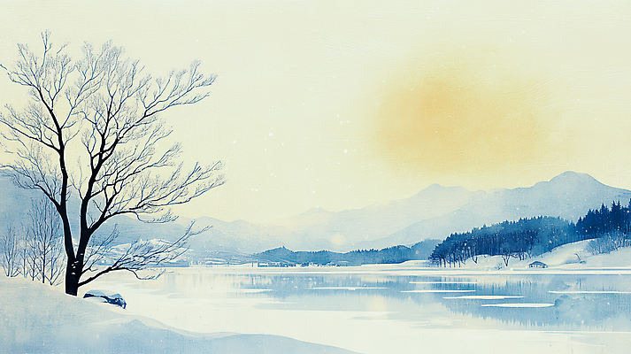 JPG 나무 호수 하늘색 겨울 일러스트 자연 하늘 산 풍경 사람없음 노을 숲 국내일러스트 AI일러스트 AI콘텐츠 자연요소 식물 계절 파란색 생태계 파일형식