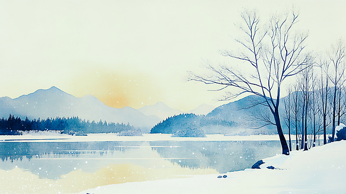 JPG 나무 호수 하늘색 겨울 일러스트 자연 하늘 산 풍경 사람없음 설원 숲 눈내림 국내일러스트 AI일러스트 AI콘텐츠 식물 계절 눈_날씨 파란색 생태계 파일형식