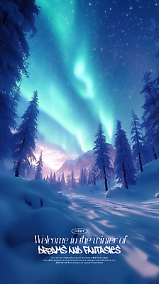 PSD 나무 편집이미지 포스터 겨울 밤하늘 풍경 사람없음 설원 숲속 감성 오로라 설산 이미지편집 식물 계절 컨셉 자연현상 하늘 산 눈_날씨 야간 숲 파일형식