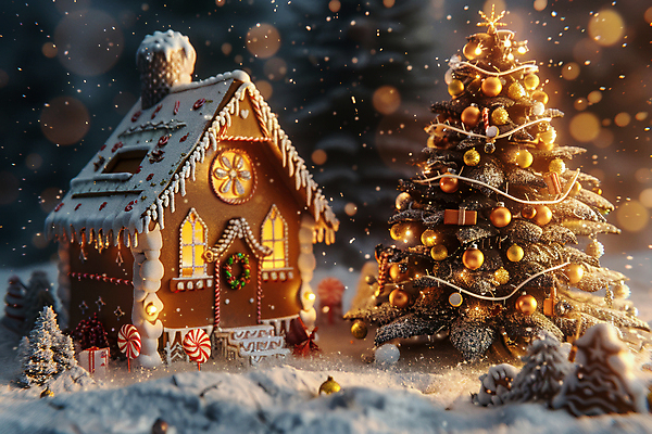 자연요소 계절 기념일 크리스마스 날씨 눈_날씨 CG 파일형식 AI콘텐츠 보케 눈내림 겨울 편집실사 크리스마스트리 크리스마스장식 눈 사람없음 조명 JPG 편집이미지 과자집 AI컴퓨터그래픽