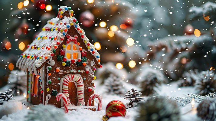 자연요소 계절 기념일 크리스마스 날씨 눈_날씨 CG 파일형식 AI콘텐츠 눈내림 보케 겨울 편집실사 크리스마스트리 크리스마스장식 눈 사람없음 조명 JPG 편집이미지 과자집 AI컴퓨터그래픽