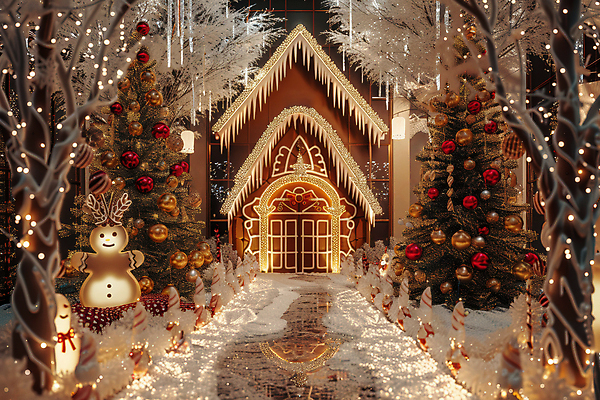 JPG 편집이미지 크리스마스장식 크리스마스 겨울 조명 사람없음 빛 크리스마스트리 눈 현관문 과자집 편집실사 AI컴퓨터그래픽 AI콘텐츠 자연요소 계절 기념일 날씨 문 CG 파일형식