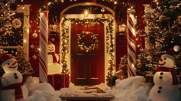 JPG 편집이미지 크리스마스장식 크리스마스 겨울 눈사람 조명 사람없음 빛 크리스마스트리 눈 현관문 과자집 크리스마스리스 편집실사 AI컴퓨터그래픽 AI콘텐츠 자연요소 계절 기념일 날씨 문 화환 CG 파일형식