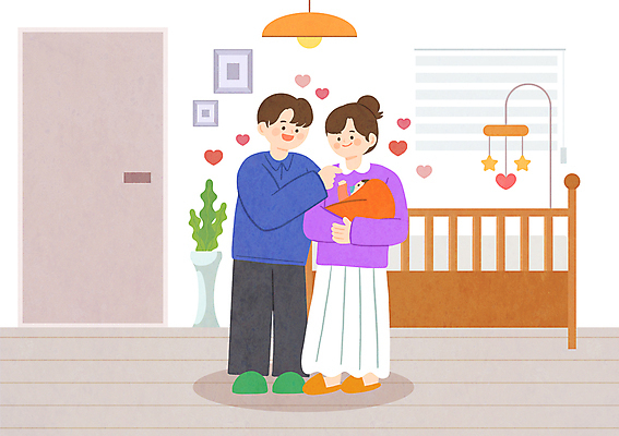 전신 PSD 부부 여자 남자 화분 일러스트 가족 안기 전등 서기 미소 성인 세명 손들기 하트 가리킴 아기 모빌 아기침대 국내일러스트 모양 커플 관계 모션 조명 표정 사람 손짓 아기용품 침대 파일형식