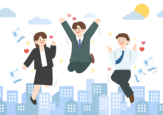 전신 PSD 구름 여자 남자 일러스트 빌딩 성인 세명 반짝임 태양 손들기 점프 만세 구직 하트 직장인 취업준비생 따봉 이력서 성인만 국내일러스트 자연요소 모양 직업 컨셉 모션 사람 건물 최고 파일형식