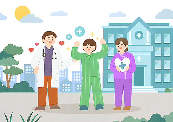 전신 PSD 나무 구름 여자 남자 허리손 일러스트 청진기 병원 서기 미소 들기 성인 건물 세명 반짝임 태양 손들기 환자 간호사 의사 하트 십자가모양 회복 성인만 국내일러스트 자연요소 모양 식물 건축물 포즈 컨셉 십자가 의학 의료기기 모션 표정 사람 의료진 파일형식