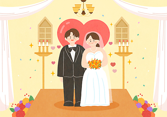 전신 PSD 부부 여자 남자 신부 꽃다발 웨딩드레스 신랑 일러스트 결혼식 면사포 서기 미소 들기 성인 두명 반짝임 하트 촛대 샹들리에 꽃가루 예식장 성인만 국내일러스트 모양 커플 드레스 꽃 결혼 모션 조명 표정 사람 공간 가루 결혼소품 파일형식