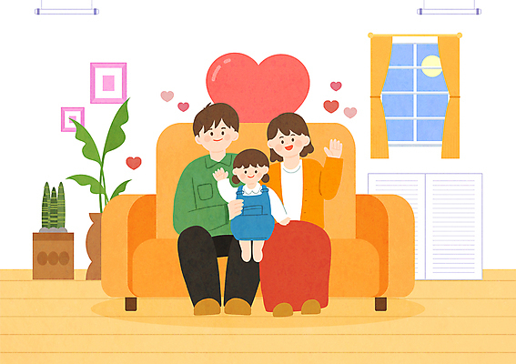 전신 PSD 부부 여자 남자 딸 화분 어린이 일러스트 가족 엄마 미소 앉기 소녀 성인 세명 소파 손들기 하트 인사 잡기 아빠 국내일러스트 모양 커플 의자 관계 모션 표정 사람 예절 파일형식