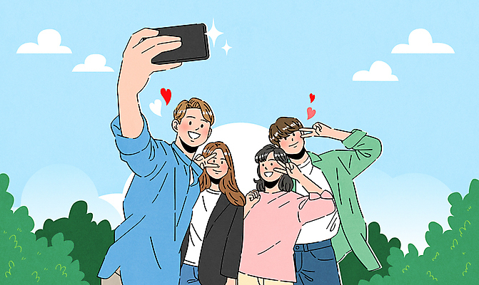 구름 여자 남자 대학생 일러스트 하늘 미소 들기 여러명 성인 스마트폰 캠퍼스라이프 촬영 하트 풀 셀프카메라 브이 성인만 국내일러스트 AI파일 자연요소 모양 식물 학생 라이프스타일 다수 모션 표정 사람 손짓 핸드폰 스마트기기 사진촬영 파일형식 벡터