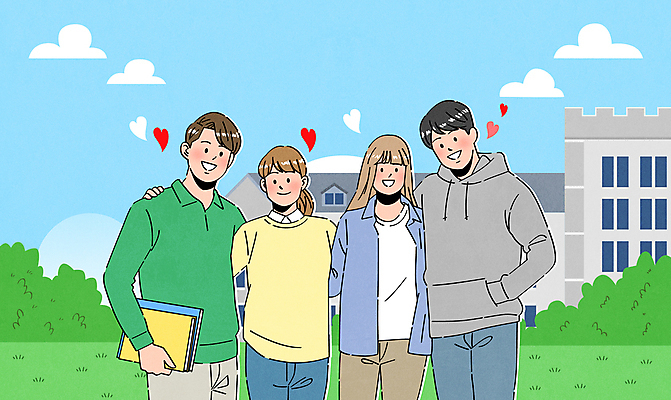 구름 여자 남자 대학생 일러스트 미소 들기 잔디 여러명 성인 책 캠퍼스라이프 하트 대학교 주머니손 성인만 어깨에손 국내일러스트 AI파일 자연요소 모양 식물 학생 라이프스타일 다수 학교 모션 표정 사람 파일형식 벡터