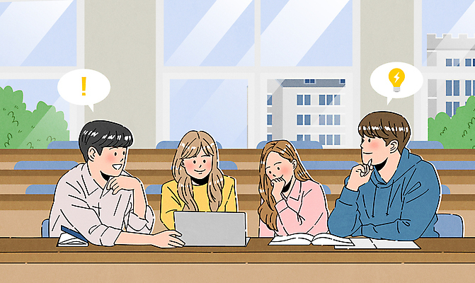 여자 남자 대학생 말풍선 일러스트 전구 창문 미소 들기 앉기 여러명 성인 책 노트북 캠퍼스라이프 턱괴기 느낌표 강의실 대학교 성인만 조별과제 국내일러스트 AI파일 학생 라이프스타일 기호 교육 다수 학교 모션 표정 사람 전자제품 공간 과제 파일형식 벡터