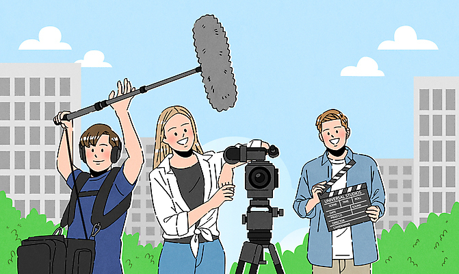 구름 여자 남자 대학생 일러스트 미소 들기 성인 건물 세명 카메라 캠퍼스라이프 촬영 잡기 풀 클래퍼보드 마이크 성인만 국내일러스트 AI파일 자연요소 식물 학생 라이프스타일 건축물 음향기기 모션 표정 사람 전자제품 파일형식 벡터