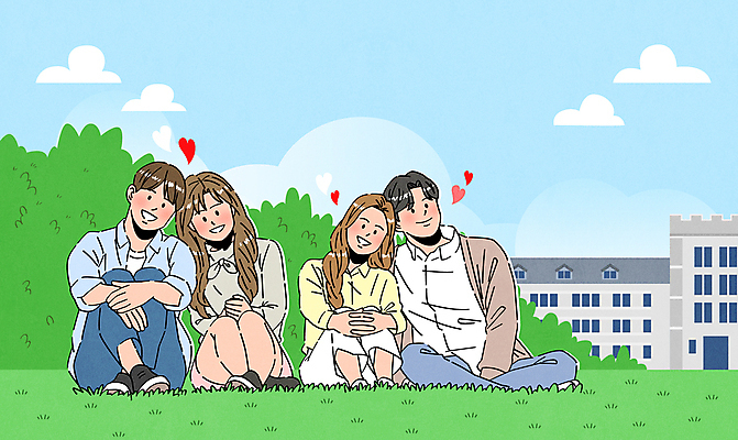 구름 커플 여자 남자 대학생 일러스트 미소 잔디 여러명 성인 캠퍼스라이프 기댐 하트 대학교 가부좌 손모으기 성인만 국내일러스트 AI파일 자연요소 모양 식물 학생 라이프스타일 다수 학교 관계 모션 표정 사람 앉기 손짓 파일형식 벡터