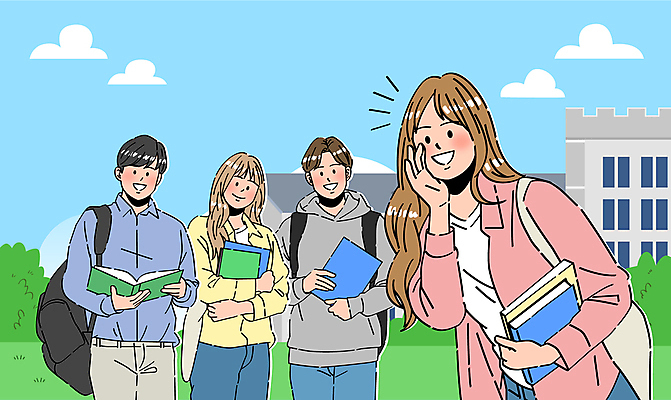 구름 여자 남자 대학생 가방 일러스트 미소 들기 잔디 여러명 성인 책 캠퍼스라이프 외침 대학교 성인만 국내일러스트 AI파일 자연요소 식물 학생 라이프스타일 잡화 다수 학교 모션 표정 사람 소리 파일형식 벡터