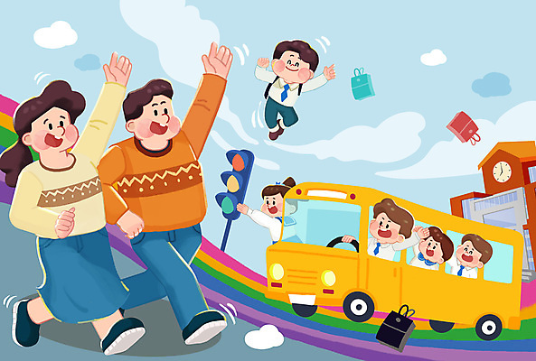 PSD 구름 여자 남자 어린이 무지개 가방 일러스트 미소 웃음 소녀 소년 여러명 성인 달리기 손들기 점프 유치원 유치원생 운전 가리킴 인사 신호등 유치원복 학부모 셔틀버스 국내일러스트 자연요소 잡화 옷 교육 다수 모션 버스 표정 사람 손짓 부모 예절 파일형식