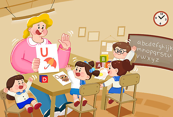 PSD 여자 남자 어린이 시계 의자 일러스트 교실 서기 미소 웃음 앉기 소녀 소년 여러명 성인 손들기 칠판 유치원생 만세 책상 유치원복 유치원선생님 베이지색 영어놀이 국내일러스트 옷 교육 컬러 가구 다수 학교 모션 놀이 표정 사람 교사 파일형식