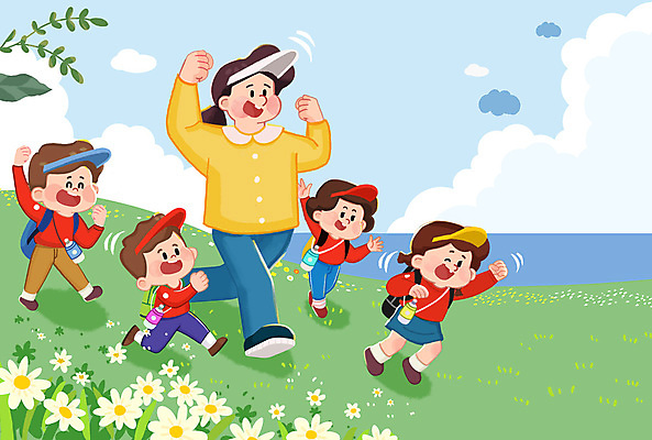 PSD 구름 모자 여자 남자 꽃 어린이 바다 가방 일러스트 윙크 미소 웃음 소녀 소년 잔디 여러명 성인 달리기 손들기 유치원생 만세 체험학습 물통 유치원선생님 단체복 국내일러스트 자연요소 식물 잡화 옷 다수 모션 표정 사람 교사 체험 파일형식