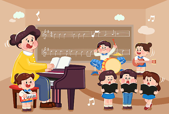 PSD 여자 남자 어린이 연주 음표 일러스트 미소 웃음 들기 앉기 소녀 소년 여러명 성인 눈감음 칠판 유치원생 기타 피아노 악보 드럼 유치원선생님 합창 베이지색 음악실 국내일러스트 기호 음악 컬러 다수 노래 모션 현악기 타악기 표정 사람 교사 건반악기 파일형식