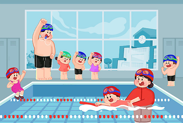 PSD 여자 남자 수영복 어린이 일러스트 수영장 서기 미소 웃음 앉기 소녀 소년 여러명 성인 손들기 눈감음 수영 스트레칭 유치원 유치원생 잡기 호루라기 물안경 유치원선생님 킥판 국내일러스트 옷 교육 다수 모션 표정 사람 운동 교사 수상스포츠 수영용품 파일형식