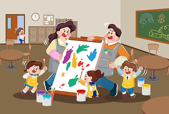 PSD 여자 남자 어린이 의자 일러스트 교실 미술 미소 웃음 들기 소녀 소년 여러명 성인 손들기 칠판 앞치마 물감 유치원생 잡기 붓 엿보기 책상 페인트통 캔버스 유치원선생님 팔토시 국내일러스트 교육 가구 다수 학교 모션 문화예술 통 표정 사람 교사 페인트 미술도구 토시 파일형식