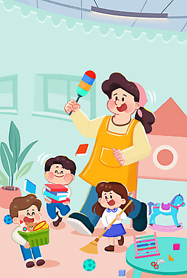 PSD 여자 남자 화분 어린이 일러스트 공 미소 웃음 들기 소녀 소년 여러명 성인 책 장난감 바구니 앞치마 놀이방 유치원생 주판 먼지떨이 빗자루 청소 책상 유치원선생님 가위질 쓸기 흔들목마 국내일러스트 가구 다수 모션 가위_도구 표정 사람 교사 계산기 목마 청소도구 파일형식