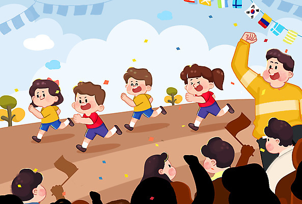 PSD 나무 여자 남자 어린이 일러스트 미소 웃음 들기 소녀 소년 여러명 성인 달리기 손들기 파이팅 유치원생 깃발 계주 응원단 꽃가루 체육대회 만국기 학부모 국내일러스트 식물 다수 응원 모션 표정 사람 부모 국기 가루 육상스포츠 체육 대회 파일형식