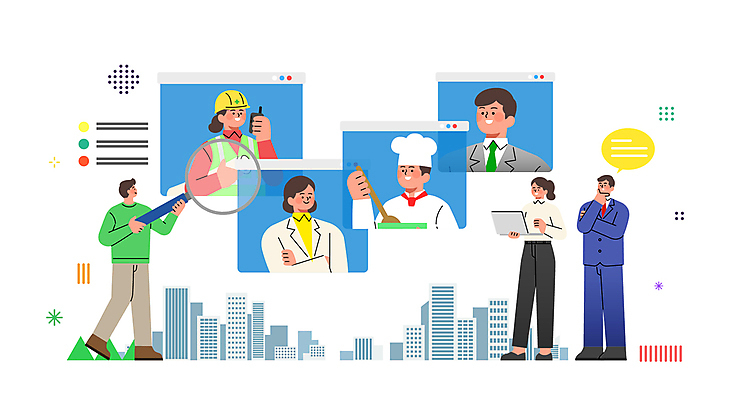 전신 여자 남자 말풍선 일러스트 돋보기 주방용품 들기 앉기 빌딩 여러명 성인 노트북 팔짱 요리사 의사 구직 직장인 건축가 상담 취업준비생 무전기 따봉 일자리 인터넷창 설명회 성인만 국내일러스트 AI파일 직업 생활용품 다수 컨셉 인터넷 비즈니스 모션 무선통신 사람 건물 전자제품 의료진 최고 파일형식 벡터