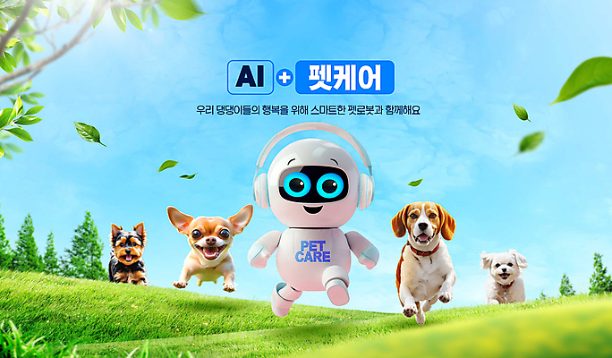 PSD 나무 편집이미지 여러마리 나뭇잎 잔디 초원 사람없음 달리기 3D 강아지 로봇 돌봄 펫케어 AI_인공지능 이미지편집 편집3D 식물 다수 잎 모션 관리 반려동물 개 디지털합성 파일형식