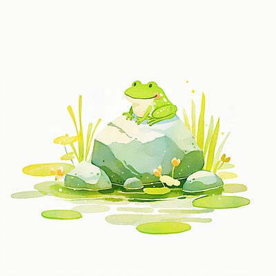 JPG 일러스트 개구리 미소 사람없음 초록색 귀여움 봄 바위 연못 풀 연잎 국내일러스트 AI일러스트 AI콘텐츠 식물 계절 컬러 컨셉 잎 표정 양서류 돌_바위 파일형식