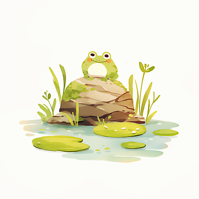 JPG 일러스트 개구리 미소 사람없음 초록색 귀여움 봄 바위 연못 풀 연잎 국내일러스트 AI일러스트 AI콘텐츠 식물 계절 컬러 컨셉 잎 표정 양서류 돌_바위 파일형식