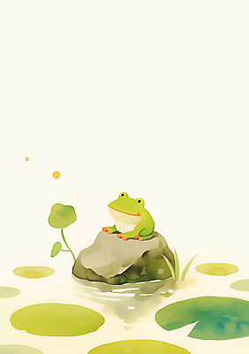 JPG 일러스트 개구리 미소 사람없음 초록색 귀여움 봄 바위 연못 풀 연잎 국내일러스트 AI일러스트 AI콘텐츠 식물 계절 컬러 컨셉 잎 표정 양서류 돌_바위 파일형식