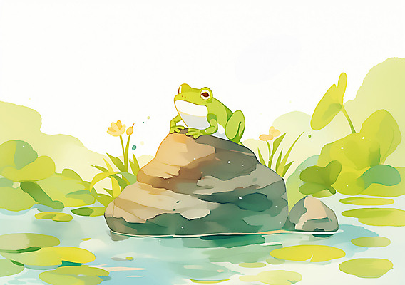 JPG 일러스트 개구리 사람없음 초록색 귀여움 봄 바위 연못 풀 연잎 국내일러스트 AI일러스트 AI콘텐츠 식물 계절 컬러 컨셉 잎 양서류 돌_바위 파일형식