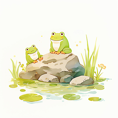 JPG 일러스트 개구리 미소 사람없음 초록색 귀여움 봄 바위 연못 풀 연잎 국내일러스트 AI일러스트 AI콘텐츠 식물 계절 컬러 컨셉 잎 표정 양서류 돌_바위 파일형식