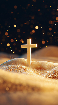 JPG 편집이미지 십자가 사람없음 반짝임 희망 금색 보케 금가루 편집실사 AI컴퓨터그래픽 AI콘텐츠 감정 컬러 모션 가루 CG 파일형식