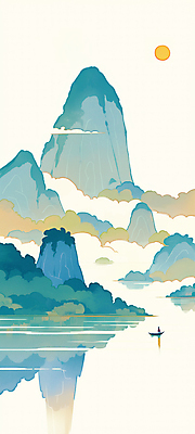 JPG 구름 전통 실루엣 하늘색 일러스트 산 그림자 풍경 사람없음 세로 초록색 강 태양 반사 산수화 선박 국내일러스트 AI일러스트 AI콘텐츠 자연요소 컬러 수상교통 촬영기법 파란색 동양화 파일형식