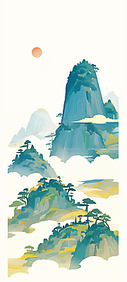 JPG 구름 전통 일러스트 산 풍경 사람없음 세로 초록색 태양 산수화 국내일러스트 AI일러스트 AI콘텐츠 자연요소 컬러 동양화 파일형식